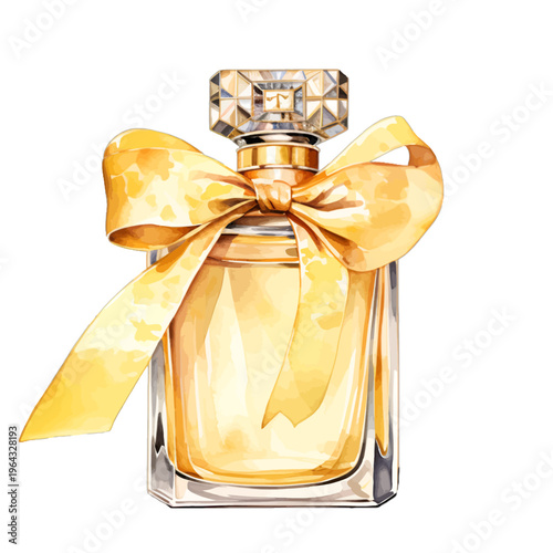 Watercolor Elegant Perfume Bottle with Large Yellow Ribbon Bow Clipart