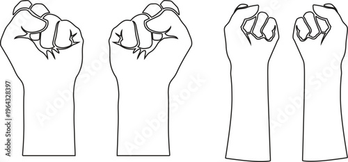 Set of white raised clenched fists silhouettes representing protest solidarity and power