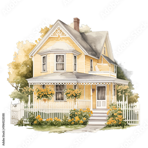 Watercolor Yellow Victorian House with Picket Fence and Garden Clipart