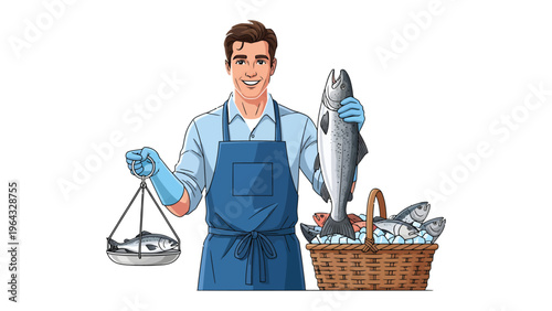 Fishmonger's Bounty: A smiling fishmonger holds a fresh catch, ready to weigh the fish for his customers. Surrounded by a variety of fish, he embodies freshness and expertise.