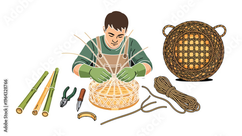 Artisan Crafting: An artisan meticulously crafts a woven basket, demonstrating the intricate process of creating a functional work of art. 
