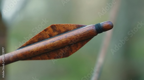 nock. Arrow nock fitted on bowstring, carved groove and wood grain in soft light. tutorial guides, club newsletters, designed for tourism and weekend activity guides, used by curriculum designers.