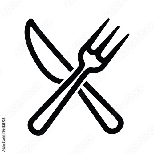 Icon of crossed knife and fork, minimalist black and white food symbol