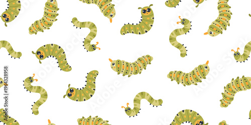 Caterpillar horizontal seamless border, cute green larvae with big eyes. Funny repetitive cartoon characters with orange spots and dots on white background for children's fabric trim or ribbon.