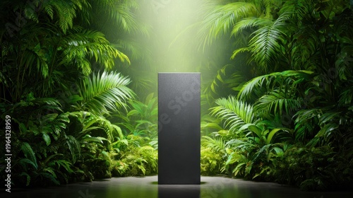 A sleek, dark monolith surrounded by vibrant green foliage under soft light