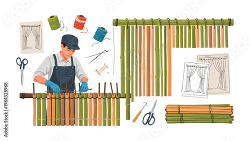 Artisan Crafting Bamboo Blinds: A skilled craftsman meticulously assembles bamboo blinds, showcasing the traditional craftsmanship and artistry.