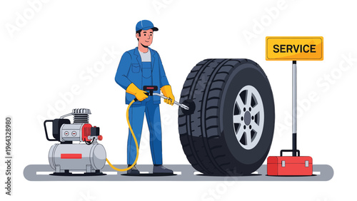 Automobile Tire Service: A skilled automotive service technician meticulously inflates a tire with precision, exemplifying vehicle maintenance and roadside assistance.
