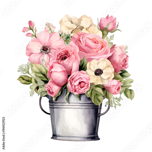 Watercolor Pink Rose and White Anemone Bouquet in Vintage Silver Bucket Clipart