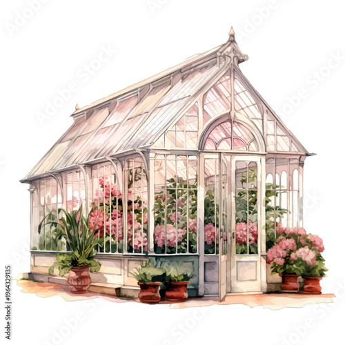 Watercolor Vintage Glass Greenhouse with Pink Peonies and Garden Potted Plants Clipart