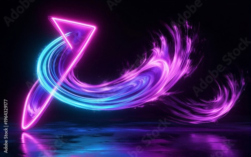 Vibrant neon arrow swirls with purple and blue light trails against a