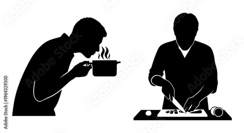 Chef silhouette vector set, male cook smelling hot soup in pot and chopping vegetables on cutting board, black and white kitchen culinary icons