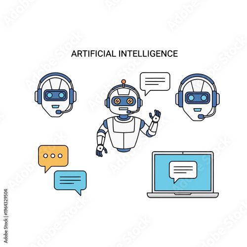 Artificial intelligence with various robots and chatbots engaging in digital communication, modern technology concept for virtual assistance and support.