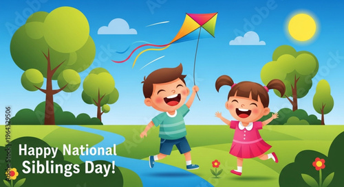 Children celebrating national siblings day by flying kite in park on sunny day