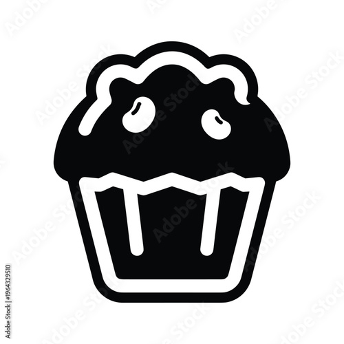 Black and white icon of a muffin with two blueberries on top