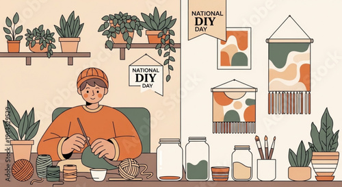 Person crafting at home on national diy day with plants and diy decor