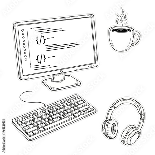 Black and white outline drawing of computer monitor displaying code, keyboard connected with cable, steaming coffee mug, and headphones for coding and programming theme.