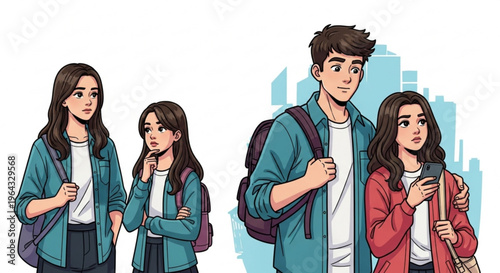 Teenagers walking with backpacks in city setting students going to school or college young friends with casual clothing and urban background