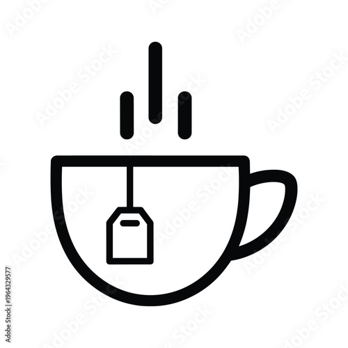 Hot Tea Cup Icon with Steam and Tea Bag Simple Line Art