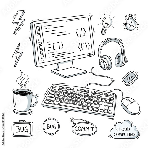 Sketch style vector set illustrating developer workspace with computer, keyboard, mouse, headphones, coffee, lightning, lightbulb, bug, commit, and cloud computing icons.