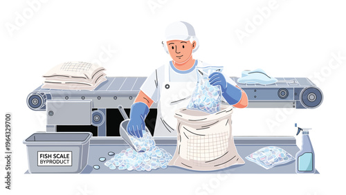 Fish Scale Processing: A dedicated worker meticulously packages shimmering fish scales on an industrial conveyor belt within a clean, modern facility.