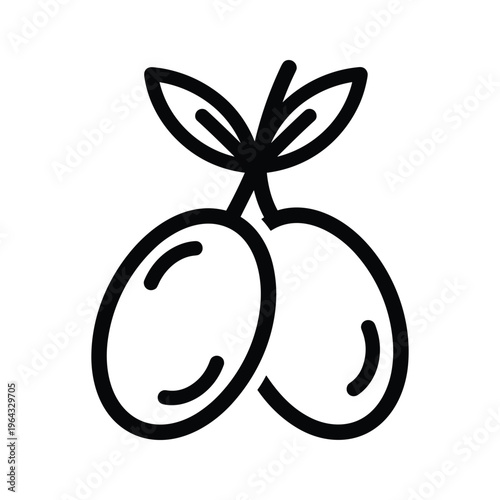 Simple black and white icon of two olives on a branch with leaves