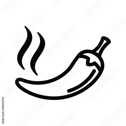 Hot Chili Pepper Icon with Steam, Spicy Food Symbol, Black and White Outline