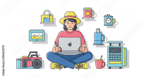 Freelance woman working on laptop with travel and photography gear around her