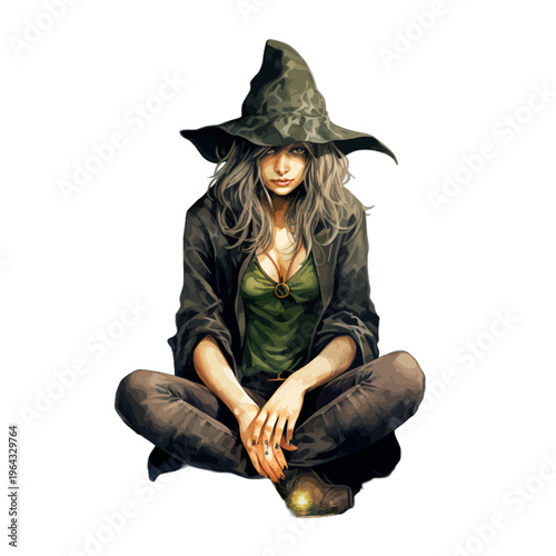 Watercolor Modern Forest Witch Sitting Cross-Legged in Green and Black Clipart
