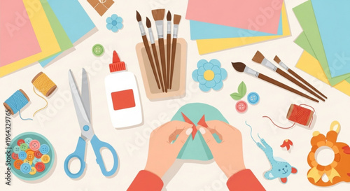 Hands crafting colorful art with scissors glue and paints on a desk with various creative tools and supplies
