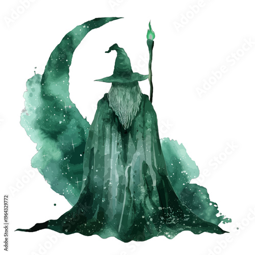 Watercolor Emerald Wizard with Magic Staff and Crescent Moon Clipart