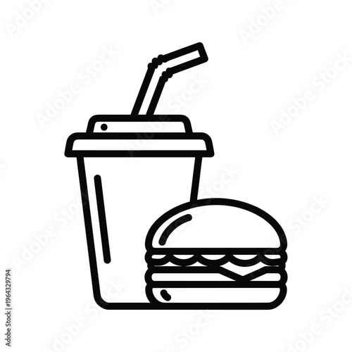 Burger and Soda Icon: Fast Food Meal, Takeaway Drink, and Hamburger Line Art