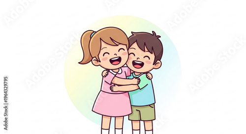 Two happy children hugging each other tightly with smiling faces and arms around in a colorful illustration