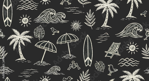 Summer Beach Vacation Elements Hand Drawn Seamless Pattern.