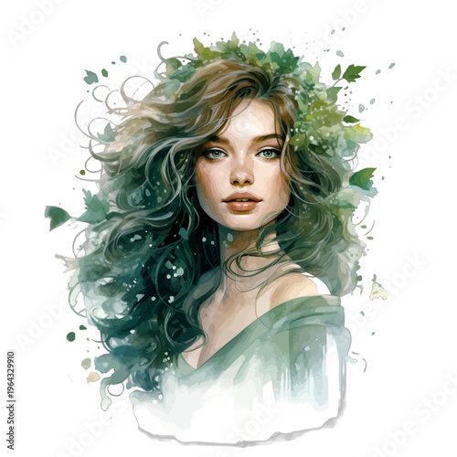Watercolor Enchanted Forest Spirit Woman with Wild Green Foliage Hair Clipart
