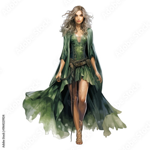 Watercolor Enchanted Forest Nymph in Flowing Green Ethereal Gown Clipart