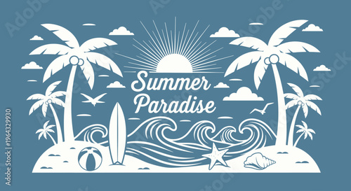 Summer Paradise Beach Scene with Palm Trees and Ocean Waves.