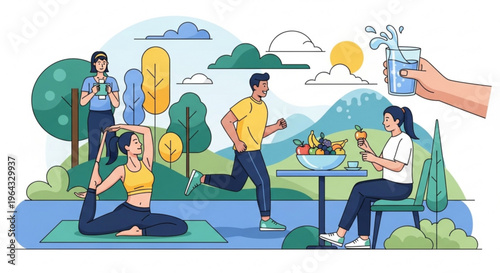 People engaging in various leisure activities outdoors in a park with a scenic background