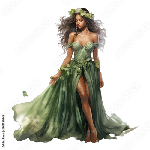 Watercolor Black Woman in Enchanted Green Leaf Dress with Floral Crown Clipart