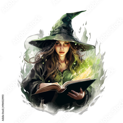 Watercolor Enchanted Forest Witch Reading Magic Spell Book Clipart