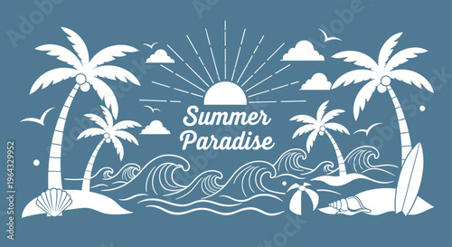 Summer Paradise Tropical Beach Scene with Palm Trees and Ocean Waves.