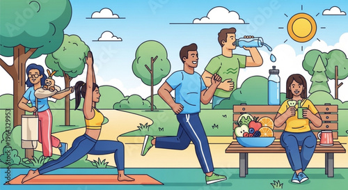 Group of people exercising and relaxing in a park on a sunny day with healthy snacks