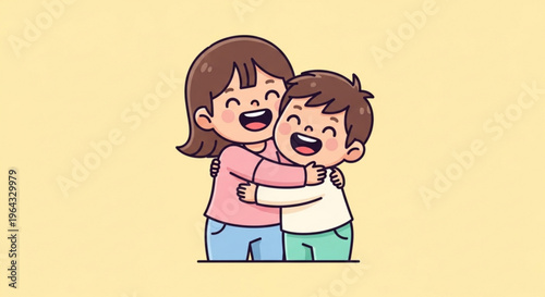 Two happy children hugging each other tightly with smiling faces on a yellow background