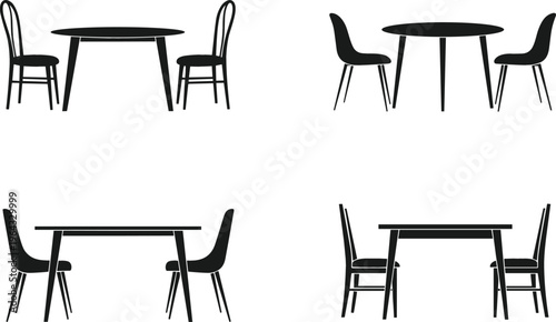 Dining Table and Chair Vector Collection Featuring Modern Furniture Sets in Different Styles for Interior Design, Restaurant, and Home Decor Projects