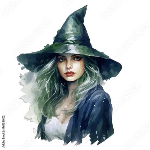 Watercolor Forest Witch Portrait with Green Pointed Hat and Wavy Hair Clipart
