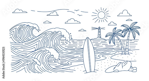 Surfboard standing on a sandy beach with ocean waves crashing.