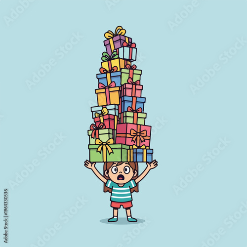 Overwhelmed person carrying large stack of colorful presents on head