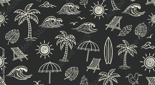Tropical Beach Vacation Elements Seamless Pattern.