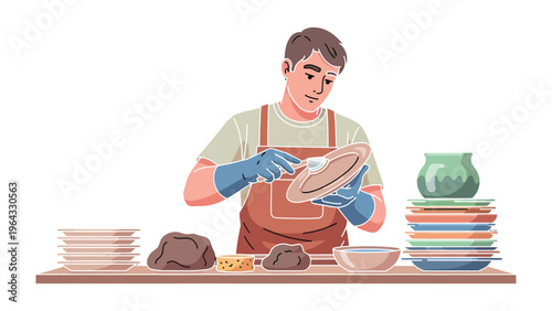 Gentle Cleaning: An illustration of a person diligently cleaning a plate with soap. Capturing the essence of cleanliness and order in a domestic setting.