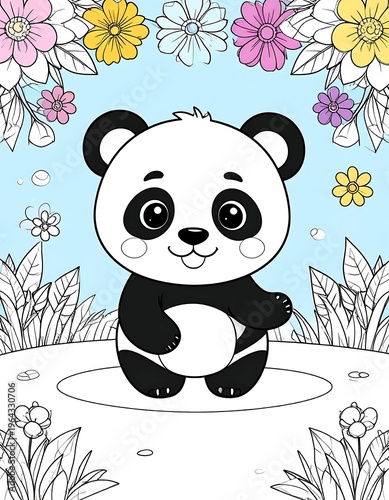Cute Panda Bear with Flowers Coloring Page for Kids.
