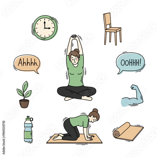 Woman doing yoga stretching on yoga mat and feeling pain woman stretching arms overhead and doing cat cow pose also drinking water and looking at clock.